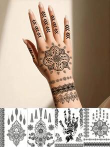 4 Blatt schwarze Henna Tattoos für die Hand, wasserfeste Spitzenblumen Henna Temporäre Tattoos für Frauen, Hochzeit, Körperkunst Aufkleber, Reise, Festival, Party Make-up Dekoration - Schwarz - Übersicht 1