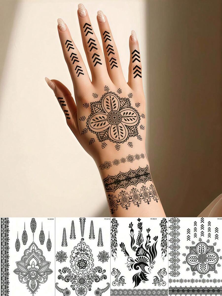 4 Blatt schwarze Henna Tattoos für die Hand, wasserfeste Spitzenblumen Henna Temporäre Tattoos für Frauen, Hochzeit, Körperkunst Aufkleber, Reise, Festival, Party Make-up Dekoration - Schwarz - Übersicht 1