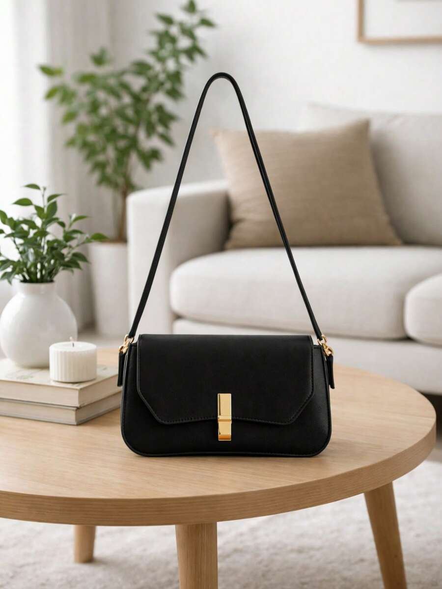Women's Baguette Shoulder Bag With Short Strap - Black - View 1
