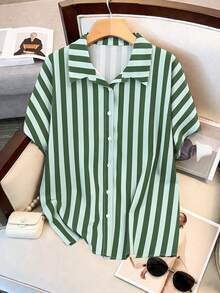 Minimalana Plus Size Women Spring/Summer Fashion Minimalist Commuter Colorblock Striped Casual Cardigan Shirt - Green - View 8