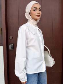 DAZY Lantern Sleeve Eyelet Embroidered Statement Collar Blouse,Long Sleeve Tops,Fall Clothes Preppy Tops