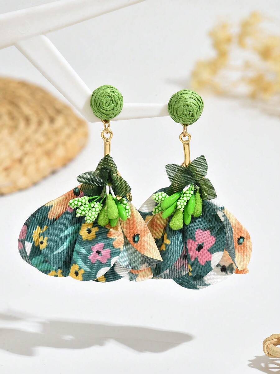 一对优雅花卉拉菲草流苏耳环，时尚高端甜美可爱绿色拉菲草花朵流苏耳环，适合女性日常、度假、派对佩戴 - 綠色 - 查看 1