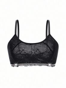 黑色蕾丝亮面文胸，舒适无钢圈无背钩设计 - 黑色 - 查看 7