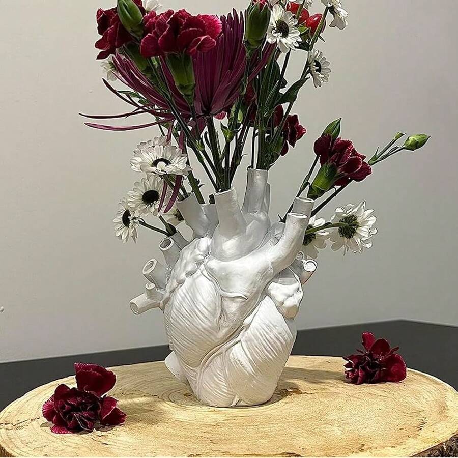 Heart Vase Resin Sculpture, Creative Heart Art Flower Vase Flower Pot Desktop Home Decoration Living Room Desk Table Ornament Decoration Gift Valentine's Day Gift - 樹脂心白 - 查看 1