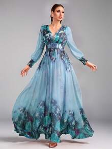 Elegant Women's Long Sleeve Sweetheart Neck Floral Knit A-Line Maxi Dress With Ruffle Details Spring Vacation - Multicolor - View 8