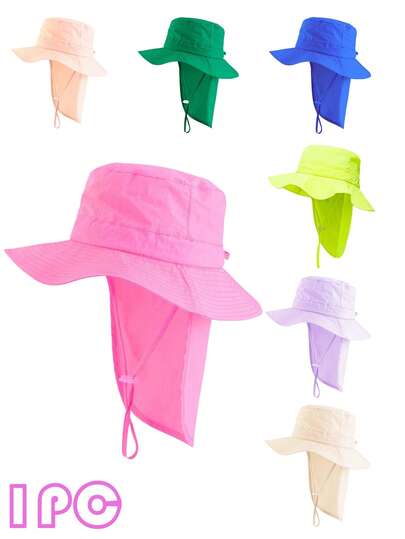 1pc Kids' Solid Color Quick-Dry Sun Protection Neck Cover Outdoor Vacation Travel Bucket Hat, Windproof, Multi-Size