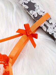 Orange Vitality Women's Short Nightdress, Solid Color Bow Suspender Sexy Short Nightdress, Embroidered Sexy Nightdress, Bright Orange Nightdress, Free Thong. - 橘色 - 查看 7