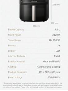 Dreame Air Fryer, With Viewing Window, 7.6L Capacity, Dual Vortex™ Heating + Steam Injection Technology, Fast Cooking, 8-In-1 Presets, Family-Sized Healthy Oil-Free Cooking, LED Touch Control, +1 Minute Button, 2800W Power. Kitchen Christmas Theme, Kitchen Supplies, Air Fryer - UK Plug(220-240V) - View 12