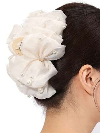 1pc Luxury Bubble Mesh Pearl Hair Claw Clip, Multi-Layer Bow Design, Extra Large Hair Claw, Elegant Princess Hairstyle For Outdoor, Party, Wedding, Holiday, Ideal Gift For Valentine's Day, Thanksgiving, Birthday Hair Accessories Women Hair Clips Fashion Hair Clutch Causal Hair Jaw Clip