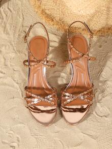 On feet& in love Women's Fashionable Elegant Rhinestone Strap Open Toe High Heel Sandals, Suitable For Pairing With Dresses - Champagne - View 6