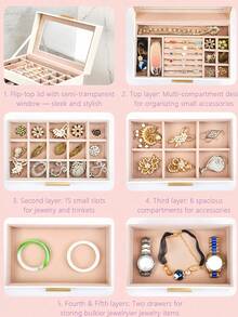 BOOVO 女士首饰盒，5-6 层大容量首饰收纳盒 - 透明盖方便展示，5-6 个抽屉方便有序收纳 - 适用于戒指、项链和手镯 - 柔软绒面内衬 - 仿皮材质，化妆间装饰 - 彩色 - 查看 8