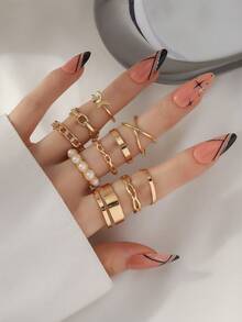 10入組時尚鋅合金人造珍珠裝飾戒指,女性日常裝飾