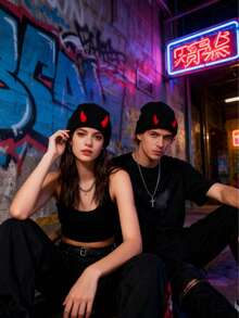 多功能多色犄角帽，可爱小恶魔犄角帽，嘻哈酷炫针织羊毛帽，秋冬季轻薄保暖帽，派对聚会情侣个性化帽子 - 彩色 - 查看 1