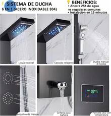 Shower Panel With Faucet For Bathtub And  With LED Lighting - Complete Kit In Anti-Limescale Stainless Steel, 5 Functions (Fixed Head, Hand Shower, Spout), Easy Installation - Matte Black - View 5
