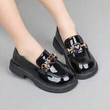 1 Pair Children Flat Shoes, Fashion Heart Pattern Casual Girls Leather Shoes - Black - View 16