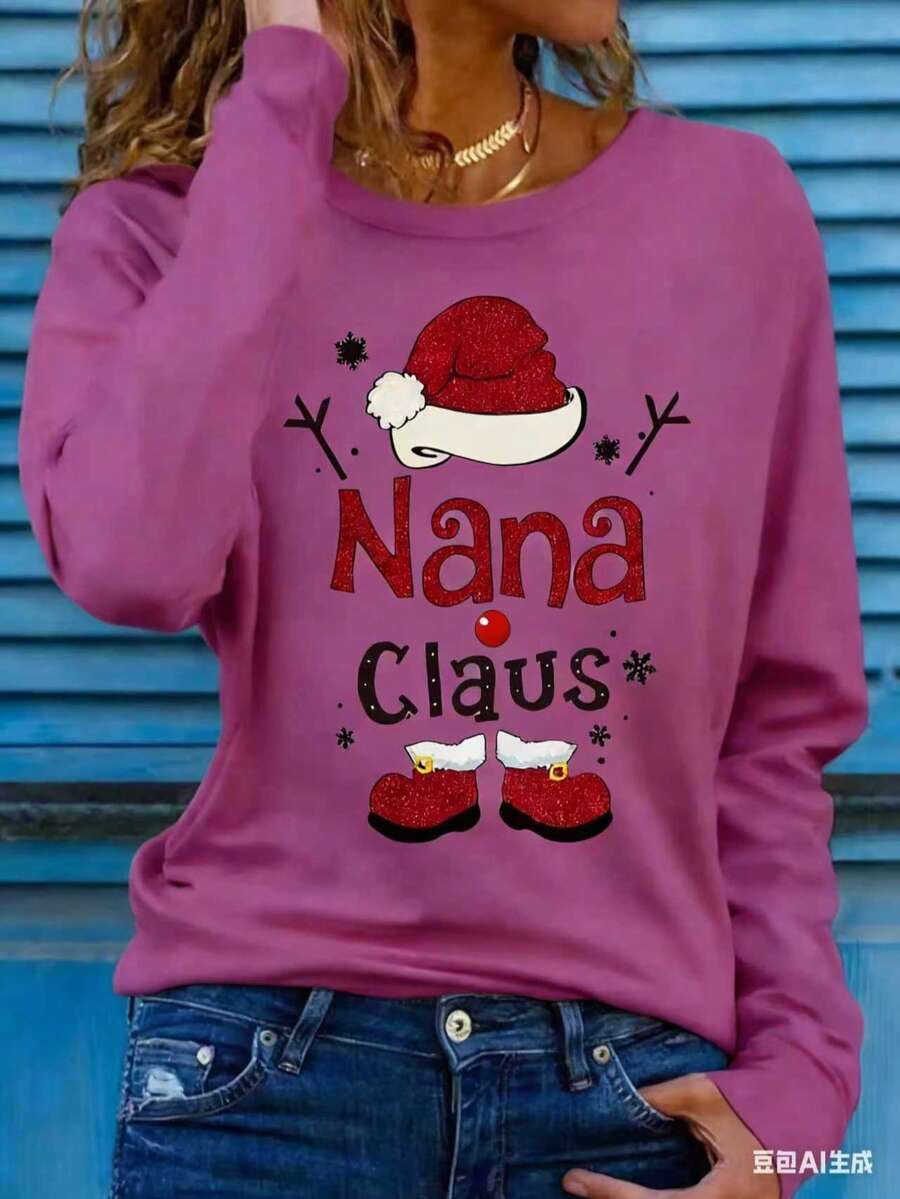 Women's Holiday Christmas T-Shirt, Long Sleeve Round Neck, 100% Polyester, Knitted Fabric, Regular Length, Patch Detail, Casual Style, Autumn Pattern Top 2025 - 玫紅色 - 查看 1