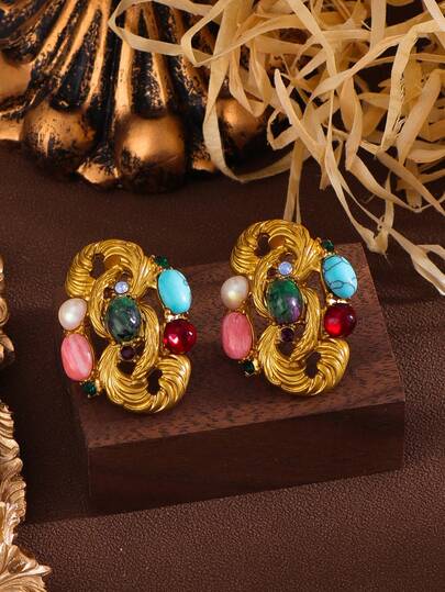 1 Pair Colorful Vintage Stone Stud Earrings, Exaggerated Design, Gold Color Everyday Wear Earrings For Women, Holiday Gift