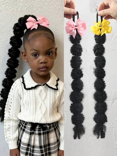 1条18英寸非洲儿童可爱马利泡泡蓬松长辫子马尾辫，带蝴蝶结，适合女孩儿童佩戴，可作为接发配件。