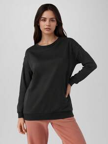 CZRLHYT 女士保暖内衬卫衣圆领套头衫秋冬休闲长袖保暖柔软上衣黑色 - 黑色 - 查看 5