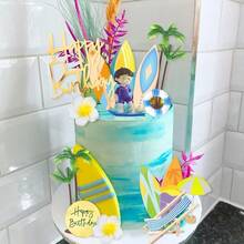 DRWATE Beach Summer Cake Decoration Surfboard Boy Palm Model Cake Decorations With Hibiscus Flower Cake Toppers For Swimming Beach Themed Party Ocean Baby Shower Party Supplies Surfboard