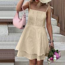New Spring/Summer Resort Style Cotton Linen Camisole Dress For Women, Girlish Fit, Double Layer Khaki A-Line Skirt - Màu Khaki - Xem 8