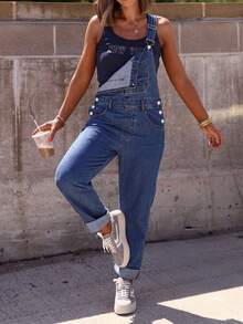 Women's Casual Denim Bib Overalls | With Pockets And Side Button Details, Adjustable Straps, Suitable For Gardening In Summer - Medium Wash - View 3