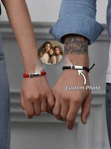 2pcs Customized Couple Projection Bracelet Set | Customized Simple Woven Rope Couple Photo Bracelet | Customized Woven Bracelet Set | Anniversary Bracelet For Couples - Customized Couple Bracelets - View 1