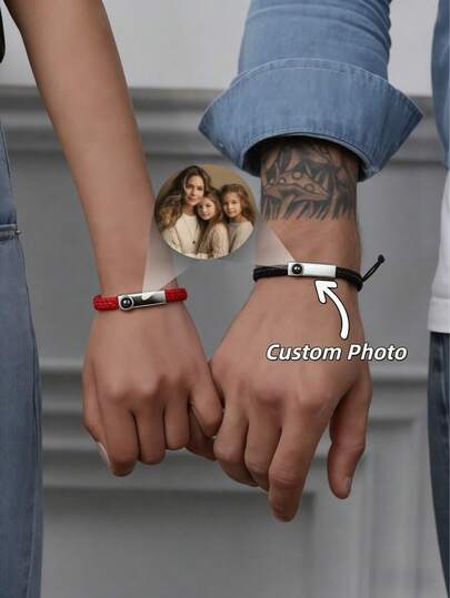 2pcs Customized Couple Projection Bracelet Set | Customized Simple Woven Rope Couple Photo Bracelet | Customized Woven Bracelet Set | Anniversary Bracelet For Couples