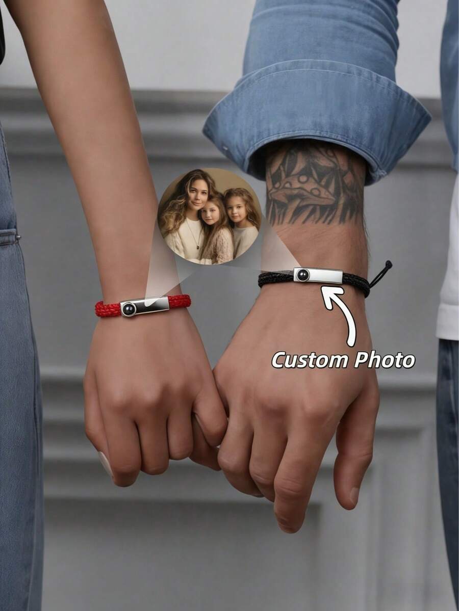 2pcs Customized Couple Projection Bracelet Set | Customized Simple Woven Rope Couple Photo Bracelet | Customized Woven Bracelet Set | Anniversary Bracelet For Couples - Customized Couple Bracelets - View 1