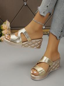 Nuevas sandalias versátiles para mujeres maduras, de estilo minimalista, cómodas y casuales, con cuña dorada y negra, suela gruesa, para viajes y exteriores, para primavera/verano - Dorado - Ver 4