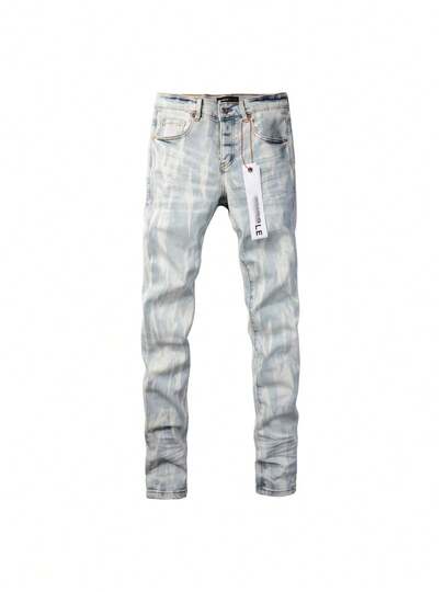 Men's  Light Blue Vintage Washed Jeans Spring & Fall Distressed Patch Slim Fit Stretch Pants