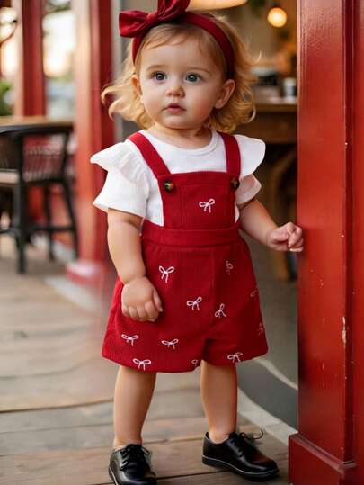 女婴情人节纯色罗纹荷叶边短袖上衣 + 蝴蝶刺绣灯芯绒背带短裤套装