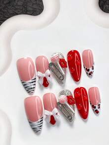 10pcs Realistic Water Drop Nail Art Gel Kit, Includes Press-On Coffin Nails, Almond Nails, Duck Beak Nails, French Manicure Stickers, White Bows, Lollipops, Mini Pins, Red Lip Nail Decors, Leopard Print Water Marble Stickers, Red Nail Polish, Gold Glitter Gel, And Tools (1 Jelly Sticker + 1 Nail File). Suitable For Women In Autumn/Winter, Parties, Holidays, Valentine's Day, An Excellent Gift For Her. Nail Supplies - Multicolor - View 13