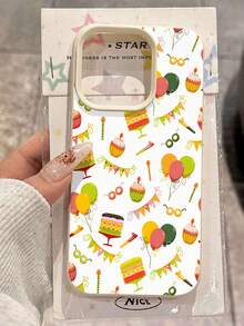 Diseño de celebración de cumpleaños con globos de pastel y confeti. Esta elegante funda es compatible con los modelos  17, 16, 15, 14 Pro Max, 13, 12, 11, XR y XS Plus. Fabricada en silicona TPU, ofrece protección contra golpes y caídas, además de una sensación superior. Es un regalo ideal para familiares, amigos y seres queridos, y una opción perfecta para Año Nuevo. - Blanco - Ver 1