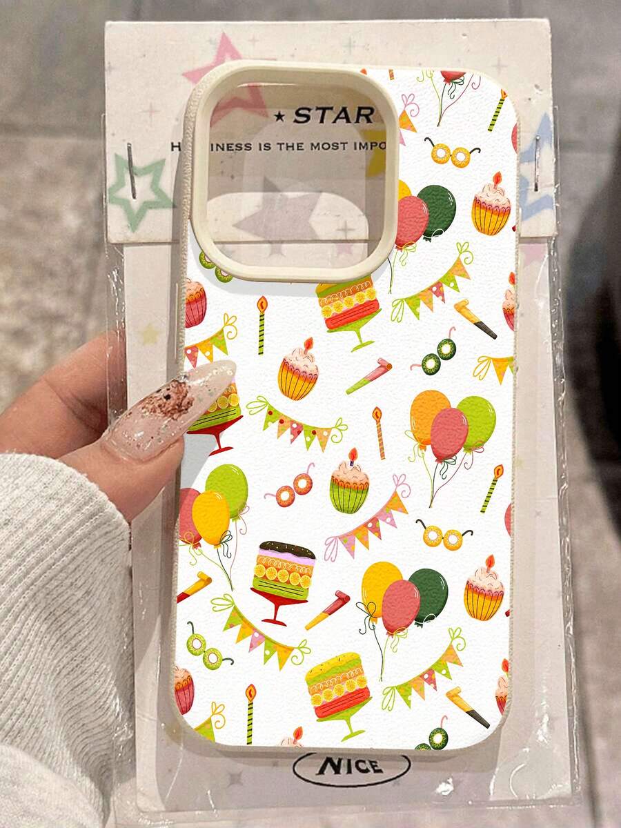 Diseño de celebración de cumpleaños con globos de pastel y confeti. Esta elegante funda es compatible con los modelos 17, 16, 15, 14 Pro Max, 13, 12, 11, XR y XS Plus. Fabricada en silicona TPU, ofrece protección contra golpes y caídas, además de una sensación superior. Es un regalo ideal para familiares, amigos y seres queridos, y una opción perfecta para Año Nuevo. - Blanco - Ver 1