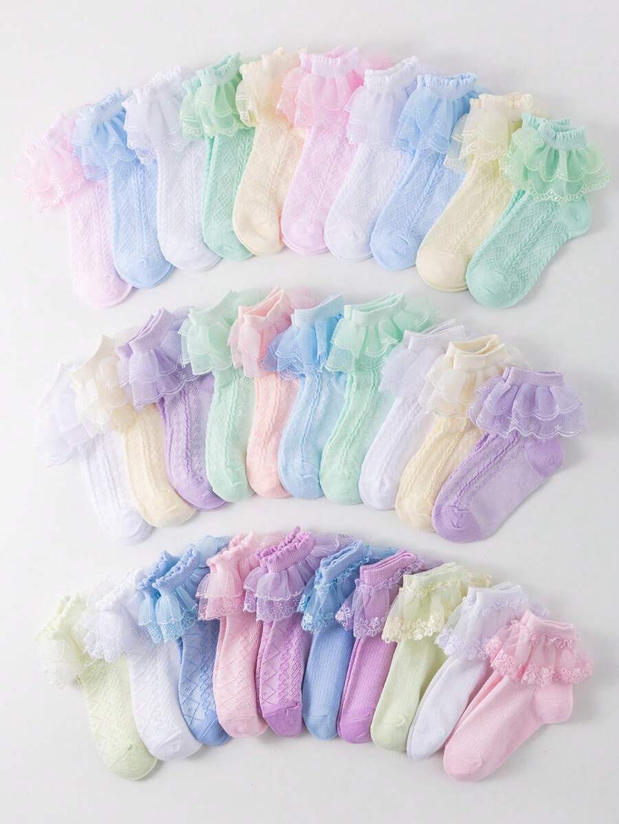 1/5/10/20 双装女童/儿童条纹短袜，经典简约设计，可爱蕾丝边，透气舒适，适合上学、生日派对、舞蹈表演、户外活动等多种场合，颜色随机。 - 彩色 - 查看 1