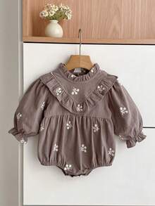 Baby Girl Floral Embroidery Ruffle Collar Petal Sleeve Romper, Spring/Autumn - Grey - View 2