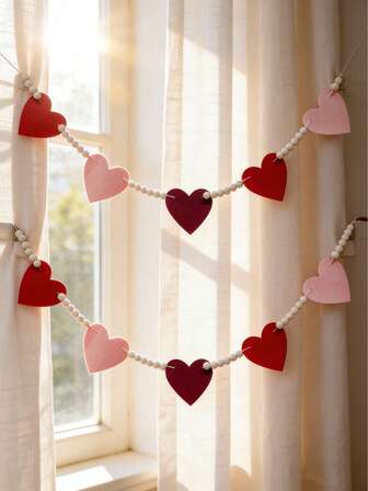 1pc Red Heart-Shaped Paper Wreath With Wooden Beads, Romantic Home Decor, Holiday Party Decoration, Love Theme Wall Art, Perfect For Valentine's Day, Wedding, Anniversary Or Special Occasions, Ideal For Living Room, Bedroom And Seasonal Celebrations