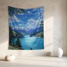 Mountain Lake Painting Tapestry, Nature Scenery Wall Hanging, Pine Forest Wall Decor, Gift For Outdoor Lover Wall Tapestry
