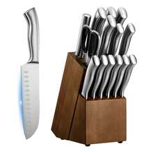 Juego de cuchillos de cocina  con bloque y afilador, juego de 15 piezas de cuchillos afilados de acero inoxidable alemán de alto carbono, cubertería de cocina con mango ergonómico, varilla de afilado y bloque de madera, para cocineros caseros - Madera de caucho - Ver 8