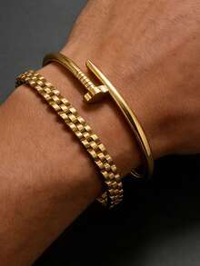 2pcs/Set Vintage Gold Stainless Steel Bracelet Set For Men, Nail And Chain Design, Business & Casual Accessory, Ideal Jewelry Gift For Boyfriend On Valentine's Day