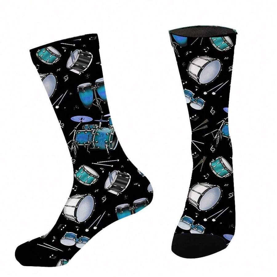 [Stylish Drum Socks]  Men's Mid-Calf Socks | Stylish Drum Instrument Pattern Seamless Printed Outdoor Sports - 彩色 - 查看 1