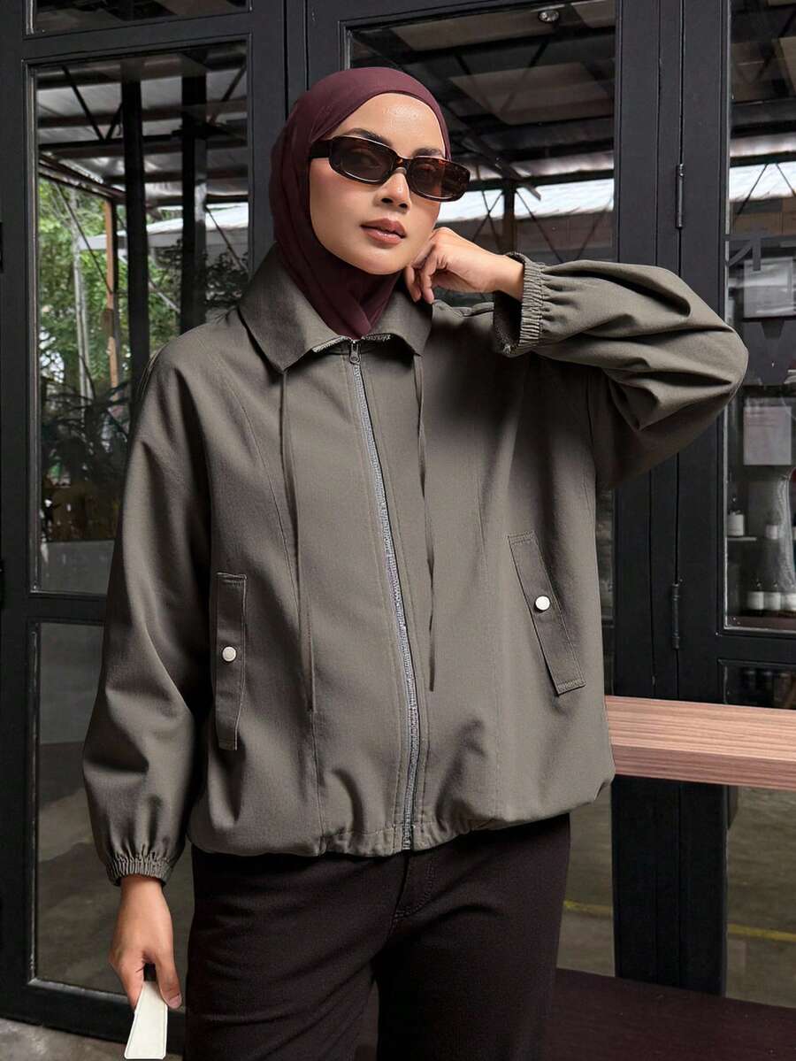 DAZY 宽松工装风格女式夹克，大口袋，复古风格，秋季服装，返校服装，商务休闲女式工作服 - 灰色 - 查看 1