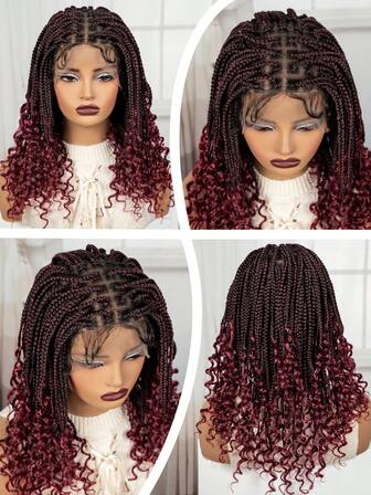 A ANYTIME Peluca trenzada estilo bohemio cuadrada - Peluca trenzada de diosa sin nudos con trenza cuadrada sintética rizada de encaje completo, adecuada para mujeres, peluca trenzada de encaje frontal negro natural