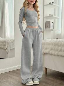 Tween Girl Casual Pleated Round Neck Solid Color Cropped Top And Wide Leg Pants Elegant Set, Size Runs Small - Grey - View 4