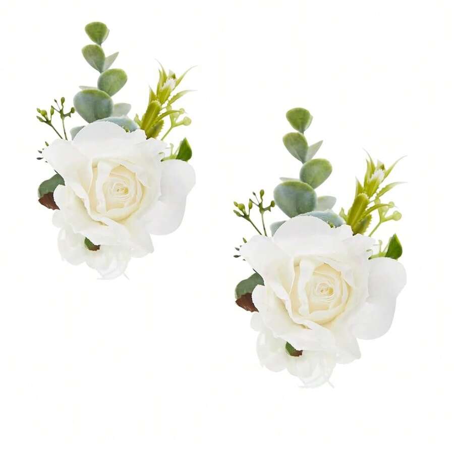 Meldel White Rose Wrist Corsage, Pack Of 2 PCS Wedding Bridal Wrist Flower Corsage Hand Flower Artificial Silk Rose Decor For Prom Party Wedding,2WristCosagesWhite - 2個白色腕花 - 查看 1