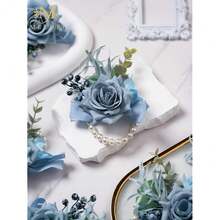Meldel Dusty Blue Rose Wrist Corsage For Women, Set Of 6, Wedding Bridal Corsage Hand Flower Decor For Prom Corsages Party Homecoming, Wristband Flowers For Bride Bridesmaid Mother Wristlet Décor,6pcsBlueWristCorsages - 6個藍色腕花 - 查看 8