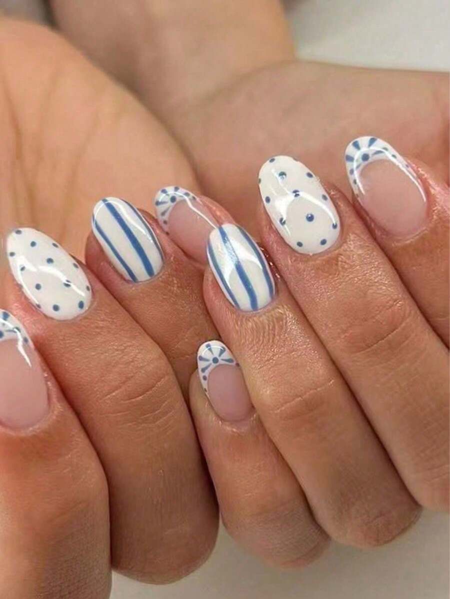 24pcs Oval Polka Dot French Style Acrylic Press-On Nails, Perfect Fit For Fingertips, Set Includes 1pc Jelly Gel And 1pc Nail File. Polka Dot Short Nails Make Your Fingertips Shine Brilliantly, Suitable For Parties, Dancing And Daily Use. - 彩色 - 查看 1