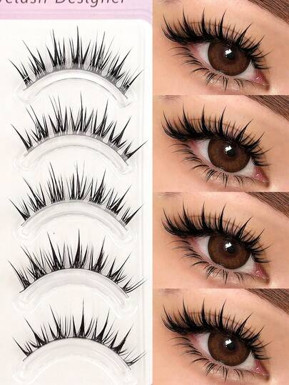 Asiteo 5 Pairs Cartoon Style Moisturizing False Eyelashes, Cute Girl Style Pointed False Eyelashes, Full Strip Lashes, Suitable For Beginners, Daily Wear, Beginner-Friendly, Reusable