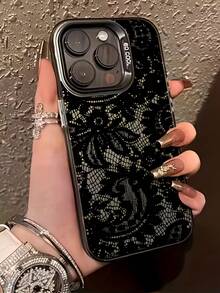 1pc Black Lace Fashion Matte Laser Energetic Shell, Personalized Black Lace Flower Pattern Phone Case, Compatible With Iphone 16 Pro Max, 17/16/15/14 Plus/13/12/11, Air, Series, International Version, Not The Domestic Version, Spring Gift - Multicolor - View 2